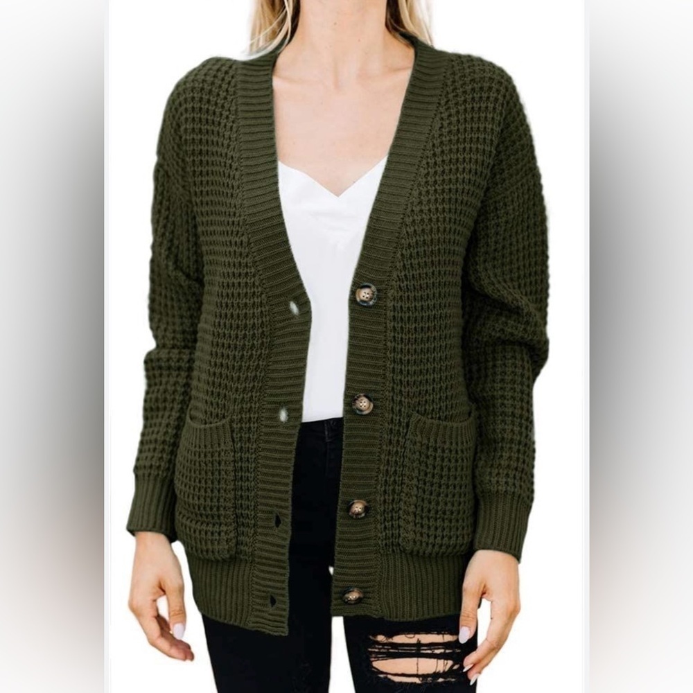 American Eagle Outfitters Dark Green waffle-knit cardigan size XS - Picture 1 of 12